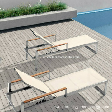Stainless Steel Sling and Teak Handle Sunlounge